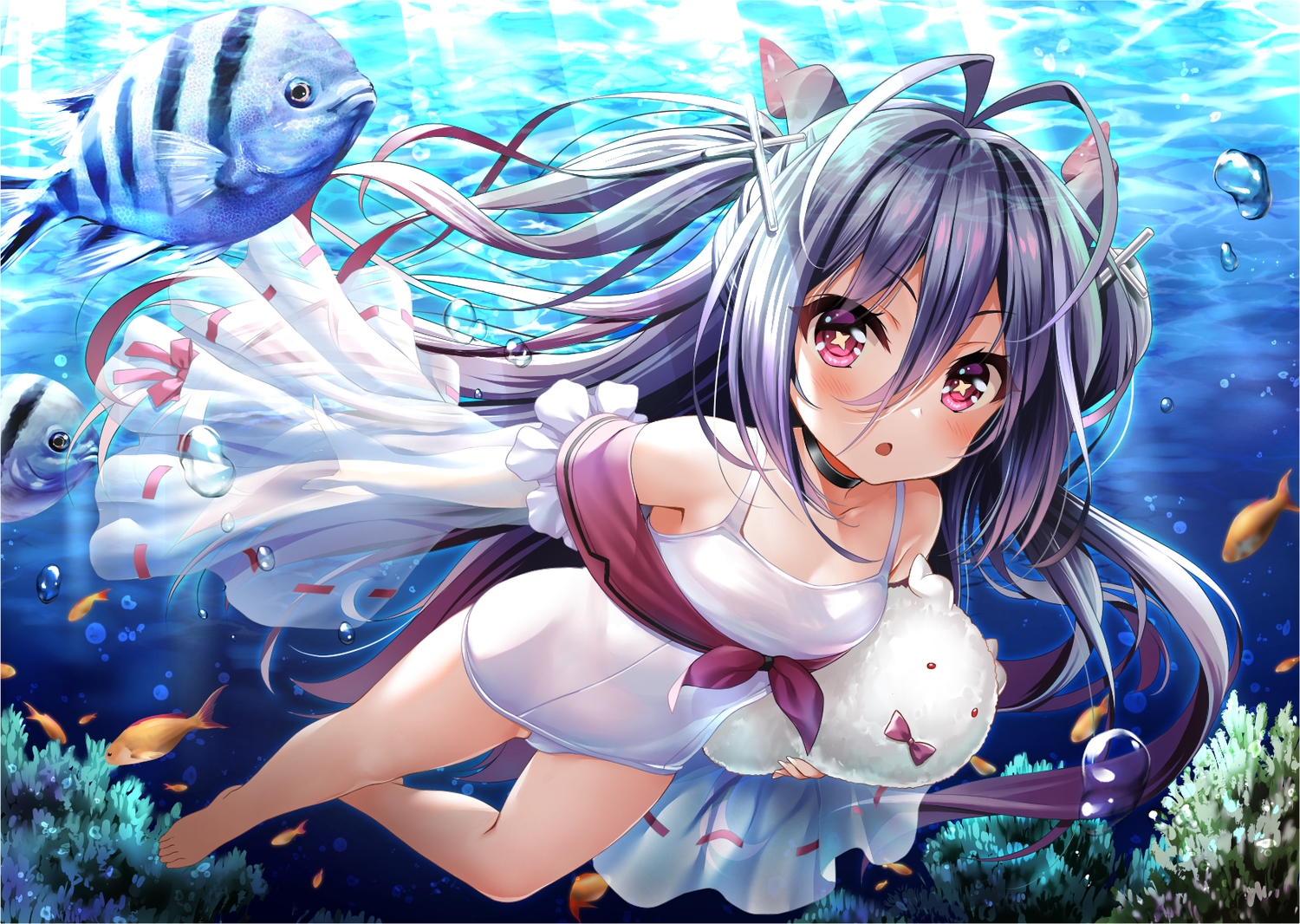 animal, anthropomorphism, azur_lane, barefoot, blush, bubbles, choker, fish, fushimi_(fukumi), horns, i-168_(azur_lane), long_hair, pink_eyes, purple_hair, school_swimsuit, swimsuit