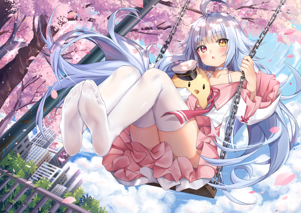 anthropomorphism, azur_lane, bicolored_eyes, blue_hair, blush, cherry_blossoms, choker, clouds