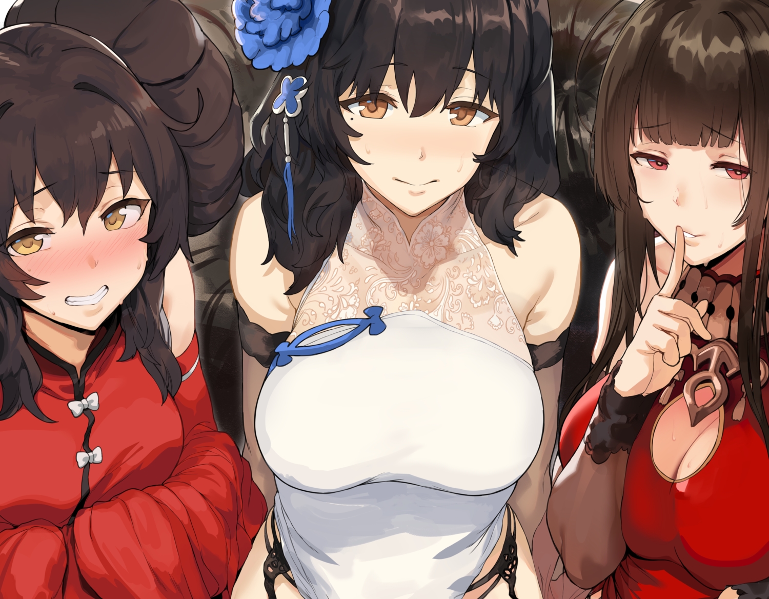 anthropomorphism, black_hair, blush, breasts, brown_eyes, brown_hair, chinese_clothes, chinese_dress, cleavage, cropped, dress, dsr-50_(girls_frontline), elbow_gloves, garter_belt, girls_frontline, gloves, hewsack, long_hair, red_eyes, type_95_(girls_frontline), type_97_(girls_frontline), yellow_eyes