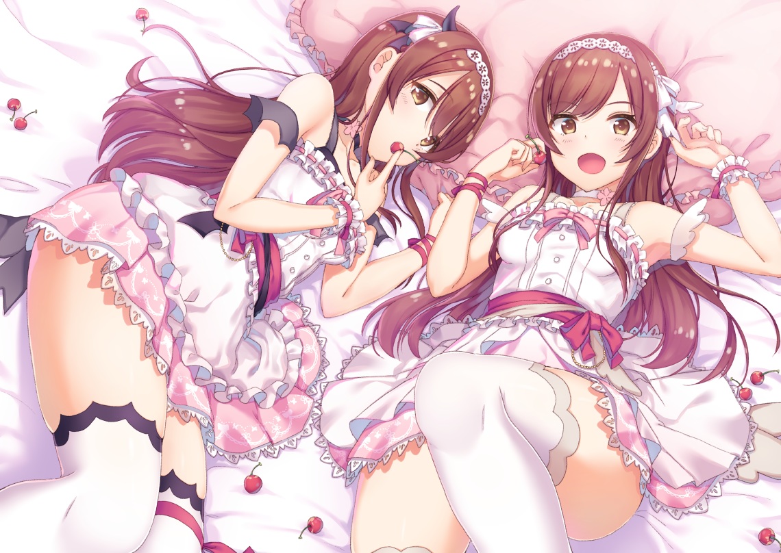 2girls, bed, brown_eyes, brown_hair, cherry, dress, food, fruit, idolmaster_shiny_colors, long_hair, makatani, oosaki_amana, oosaki_tenka, thighhighs, twins