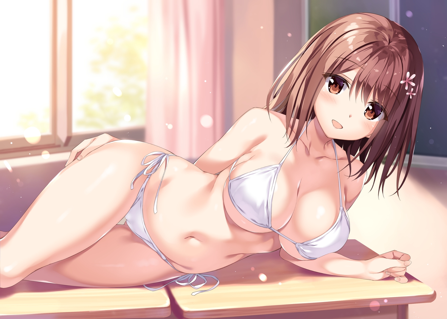 amanashi_nui, bikini, blush, boku_no_kanojo_sensei, breasts, brown_eyes, brown_hair, cleavage, jpeg_artifacts, navel, oryou, short_hair, swimsuit, underboob
