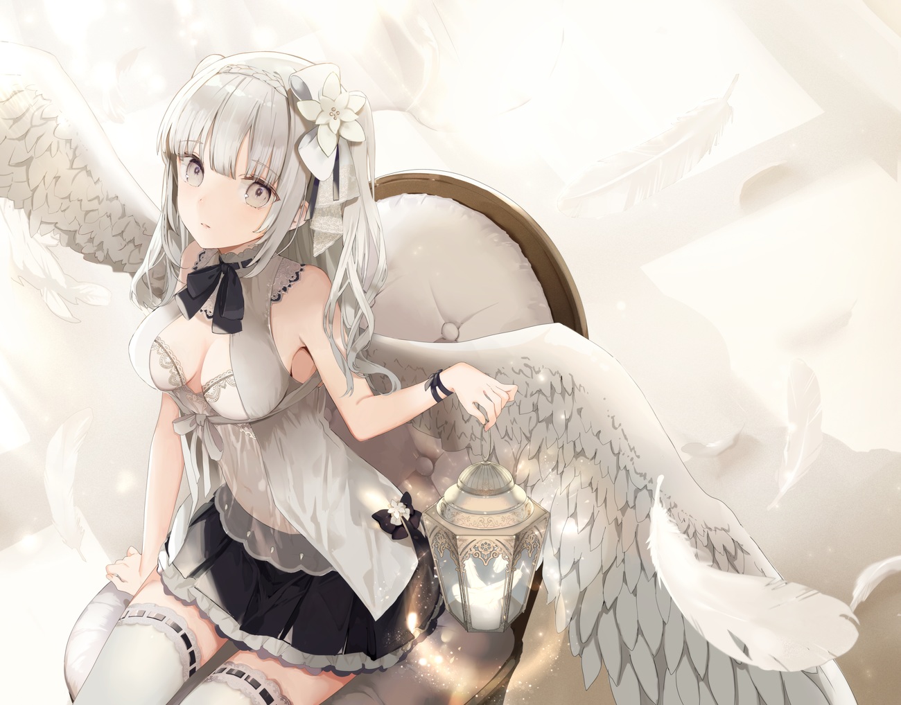angel, breasts, cleavage, feathers, gray_eyes, gray_hair, navel, original