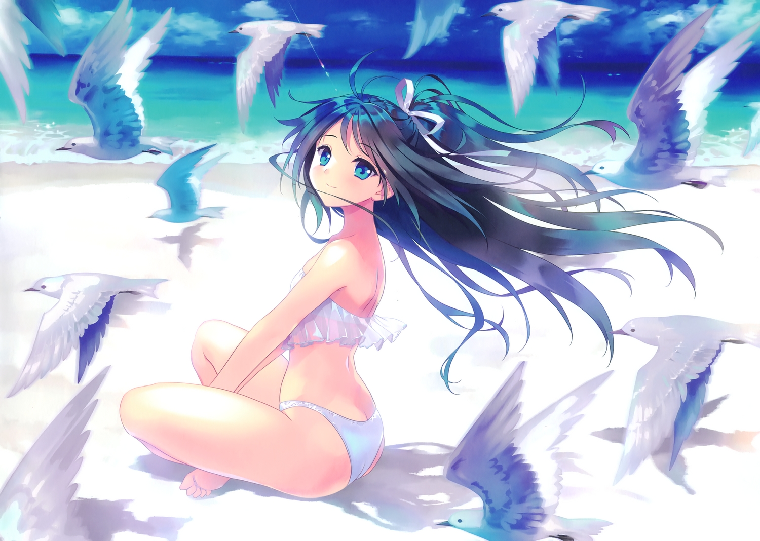 animal, anthropomorphism, aqua_eyes, ass, beach, bikini, bird, black_hair