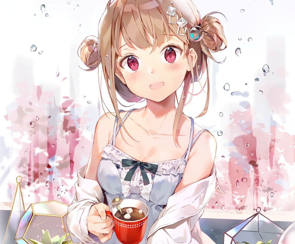 blush, brown_hair, cropped, dress, drink, gilse, original, pink_eyes