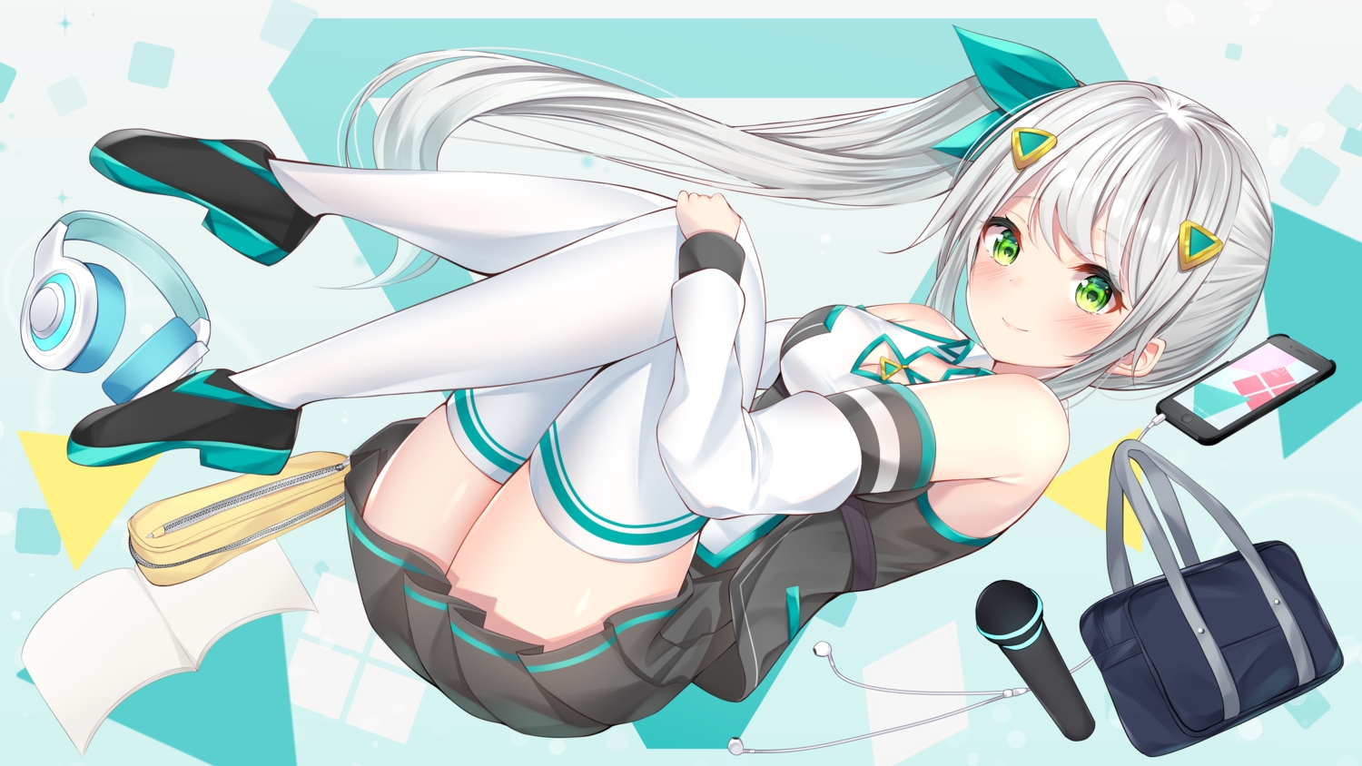 blush, breasts, cleavage, gray_hair, green_eyes, hizuki_miu, long_hair, microphone, miu_channel, nari_(narikashi), phone, ponytail, skirt, thighhighs