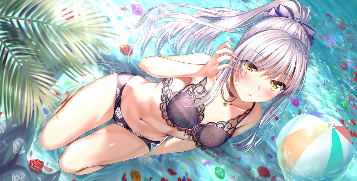 aldehyde, ball, bang_dream!, bikini, bow, breasts, choker, flowers, gray_hair, long_hair, minato_yukina, navel, necklace, petals, ponytail, rose, swimsuit, water, yellow_eyes