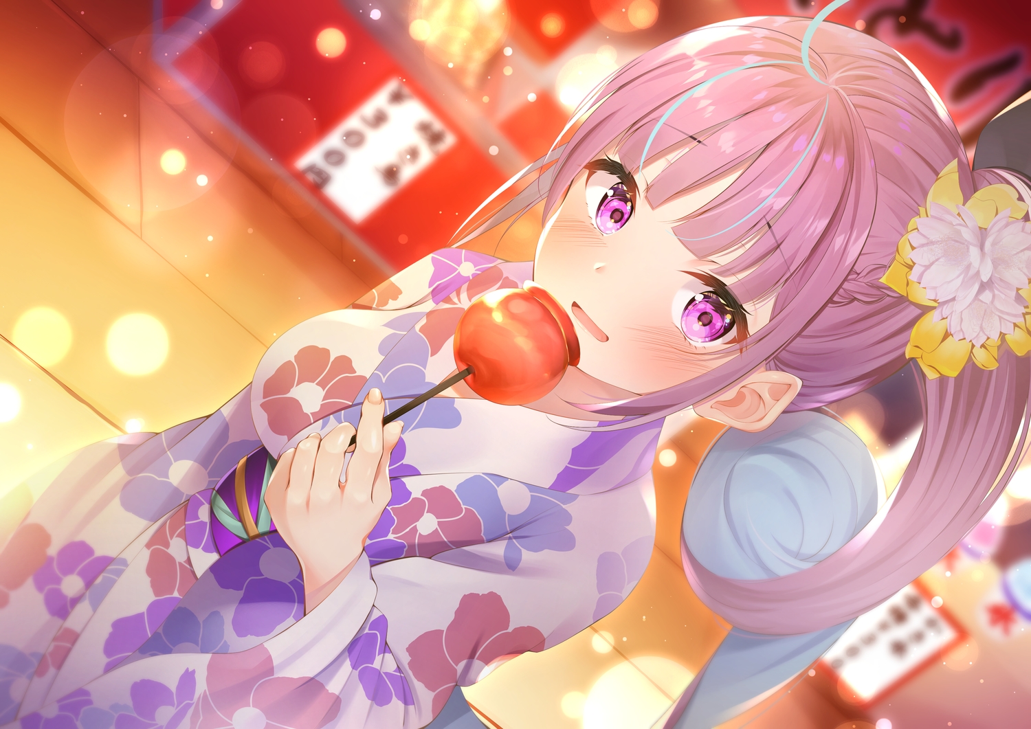 apple, blush, candy, festival, food, fruit, hololive, japanese_clothes