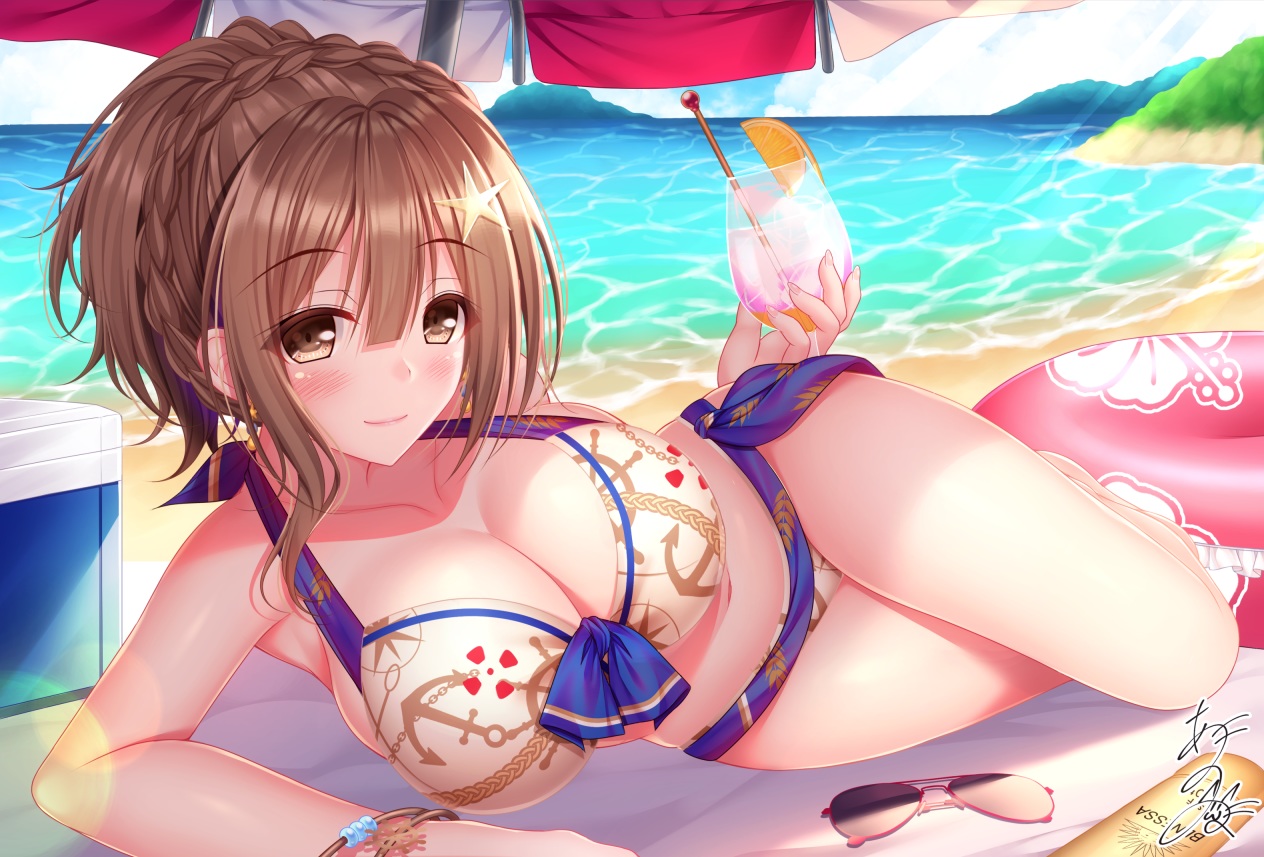 beach, bikini, blush, braids, breasts, brown_eyes, brown_hair, cleavage