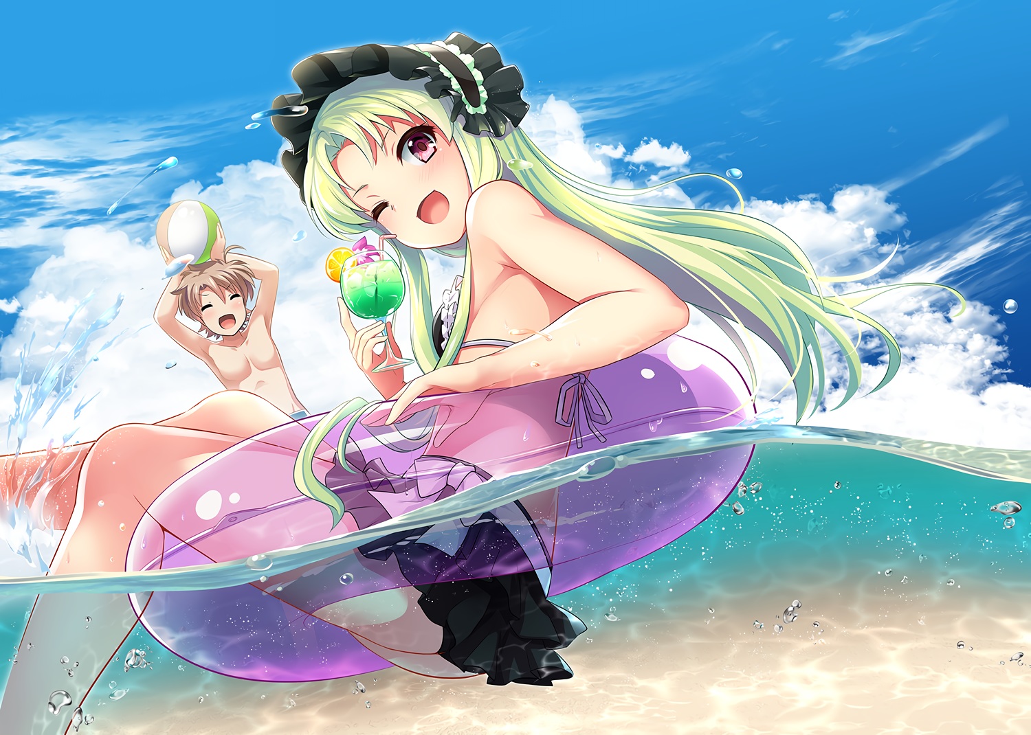 alexander_(twin_angel), ass, ball, bikini, blush, bow, brown_hair, bubbles, clouds, drink, goth-loli, green_hair, headdress, kaitou_tenshi_twin_angel, kouzu_shou, lolita_fashion, long_hair, male, pink_eyes, salome_(twin_angel), short_hair, sky, swim_ring, swimsuit, underwater, water, wink