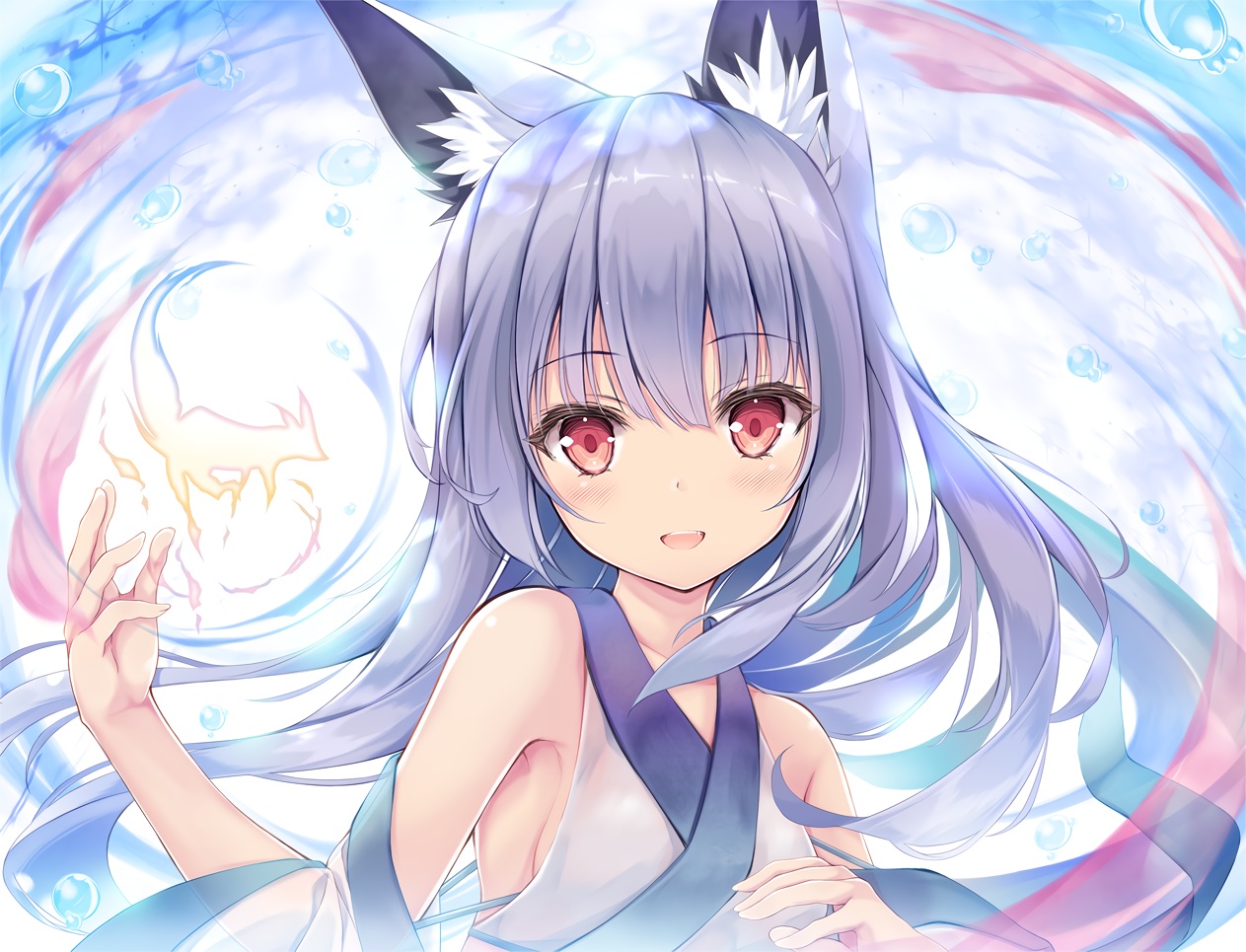 animal_ears, blue_hair, blush, close, fang, fire, foxgirl, japanese_clothes
