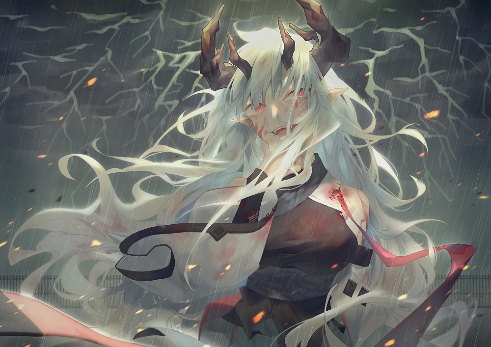 arknights, blood, horns, long_hair, matoimaru_(arknights), pointed_ears, rain, water, wenz