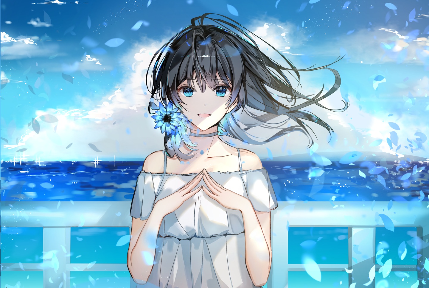 aqua_eyes, black_hair, choker, clouds, dress, flowers, long_hair, naru_(ul)