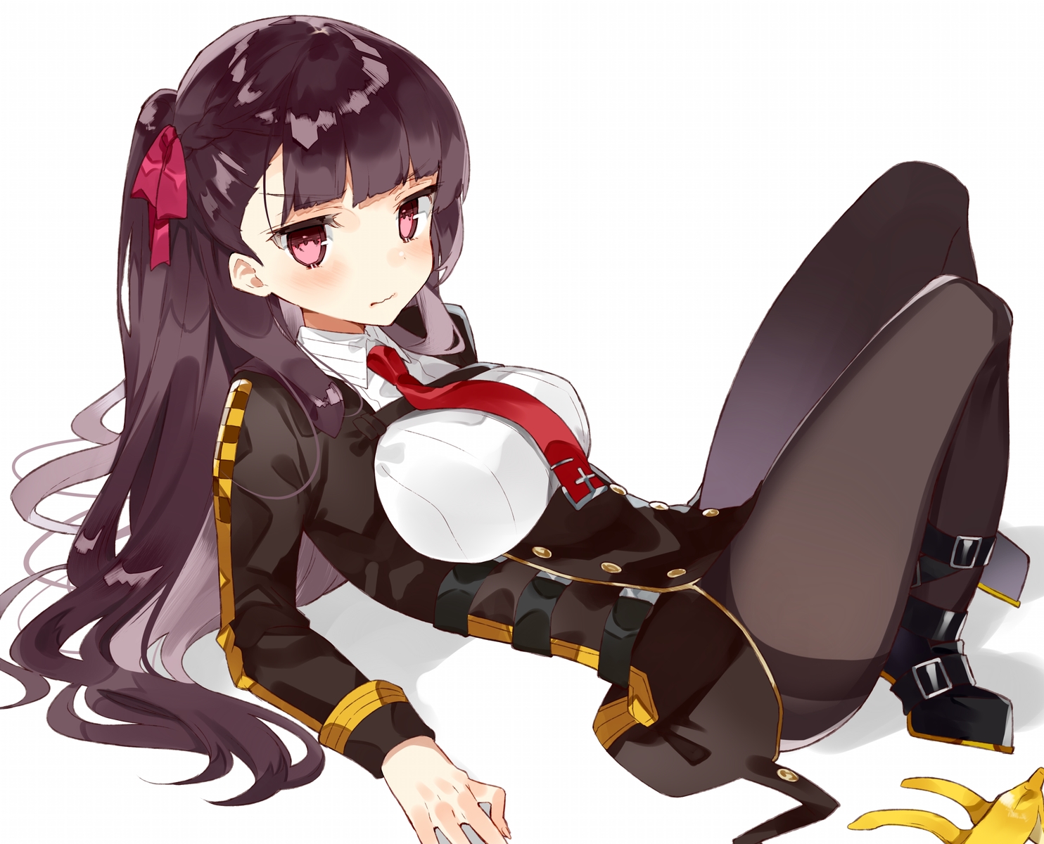 anthropomorphism, blush, braids, breasts, dress, girls_frontline, hasegawa_(rarairairai), long_hair, pantyhose, pink_eyes, purple_hair, tie, uniform, wa2000_(girls_frontline), white