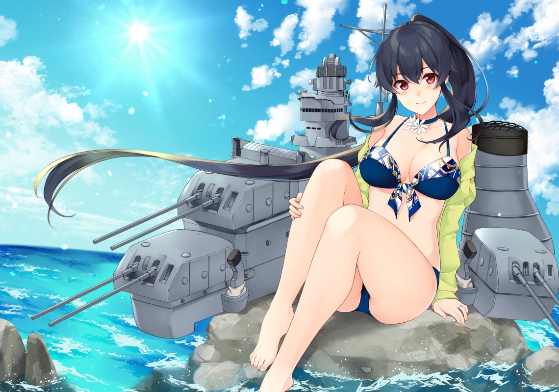 anthropomorphism, barefoot, bikini, black_hair, blush, breasts, cameltoe, choker, cleavage, clouds, hood, ichinomiya_(blantte), kantai_collection, long_hair, ponytail, red_eyes, sky, swimsuit, water, weapon, yahagi_(kancolle)