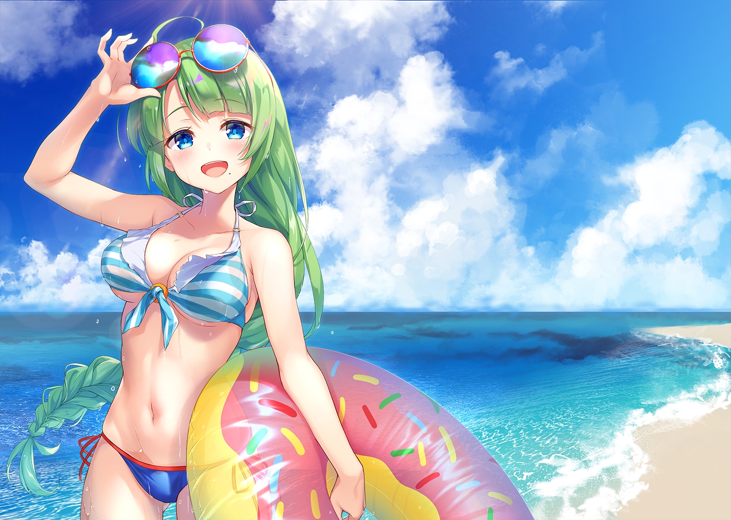 anthropomorphism, aqua_eyes, beach, bikini, blush, braids, breasts, cleavage, clouds, green_hair, kantai_collection, long_hair, mafuyun, navel, ponytail, sky, sunglasses, swim_ring, swimsuit, underboob, water, wet, yuugumo_(kancolle)