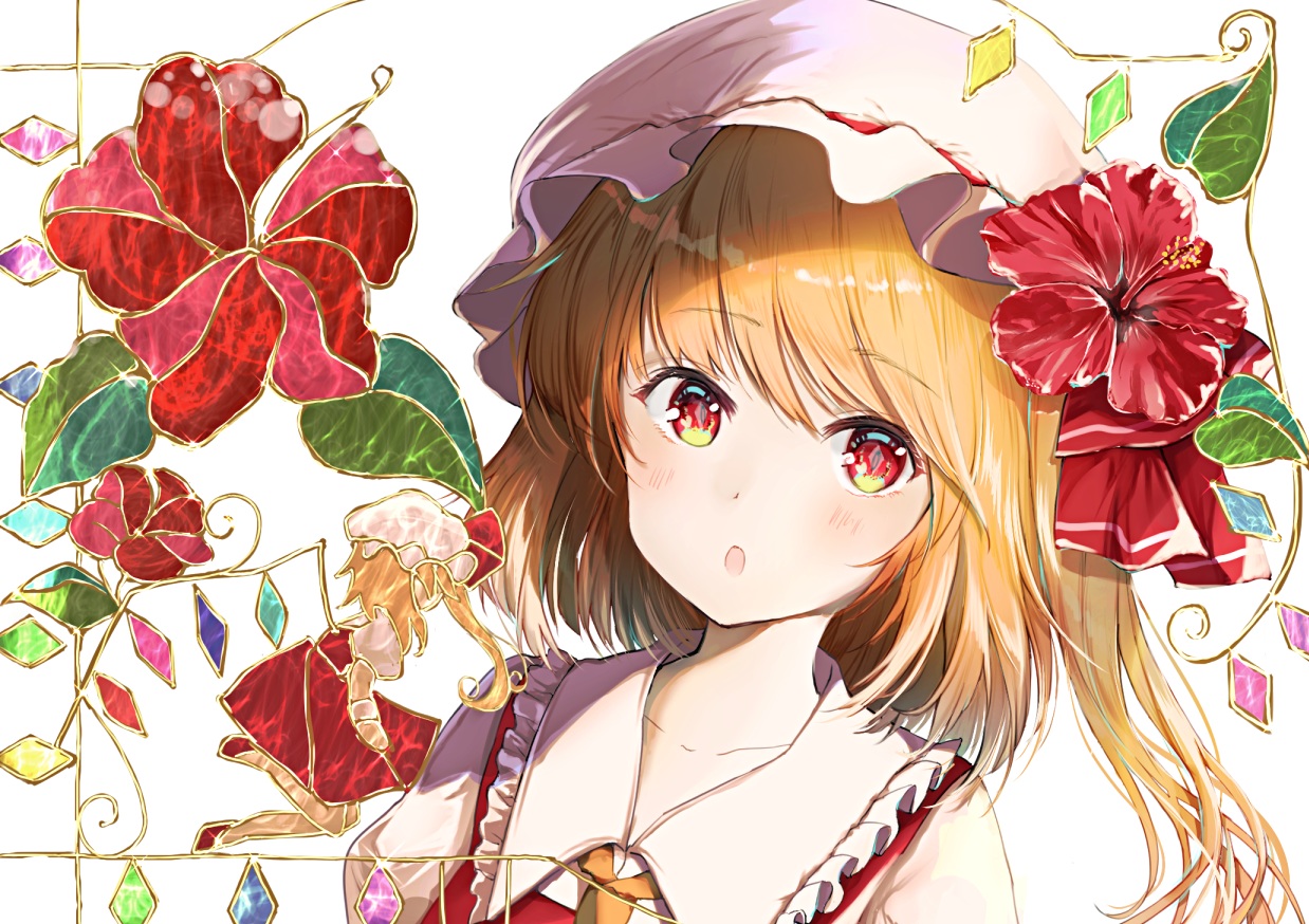 blonde_hair, blush, close, flandre_scarlet, flowers, happiness_lilys, hat, ponytail, red_eyes, short_hair, touhou