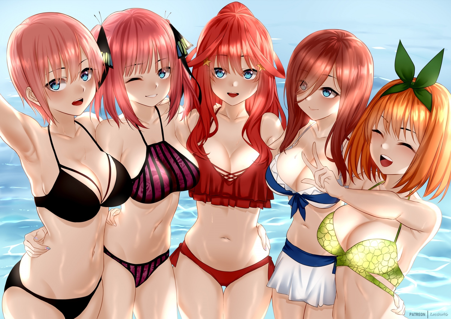 bikini, breasts, go-toubun_no_hanayome, group, headband, jpeg_artifacts, nakano_ichika, nakano_itsuki, nakano_miku, nakano_nino, nakano_yotsuba, navel, orange_hair, pink_hair, red_eyes, red_hair, short_hair, swimsuit, water, wink, zasshu