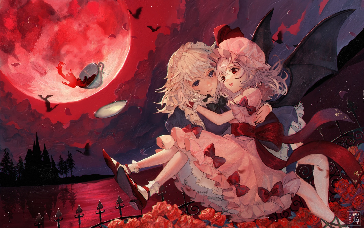 2girls, animal, bat, blush, bow, braids, clouds, dress, drink, flowers, gloves, gray_hair, headdress, izayoi_sakuya, maid, mochacot, moon, night, purple_eyes, purple_hair, red_eyes, remilia_scarlet, ribbons, rose, short_hair, sky, socks, touhou, tree, vampire, watermark, wings