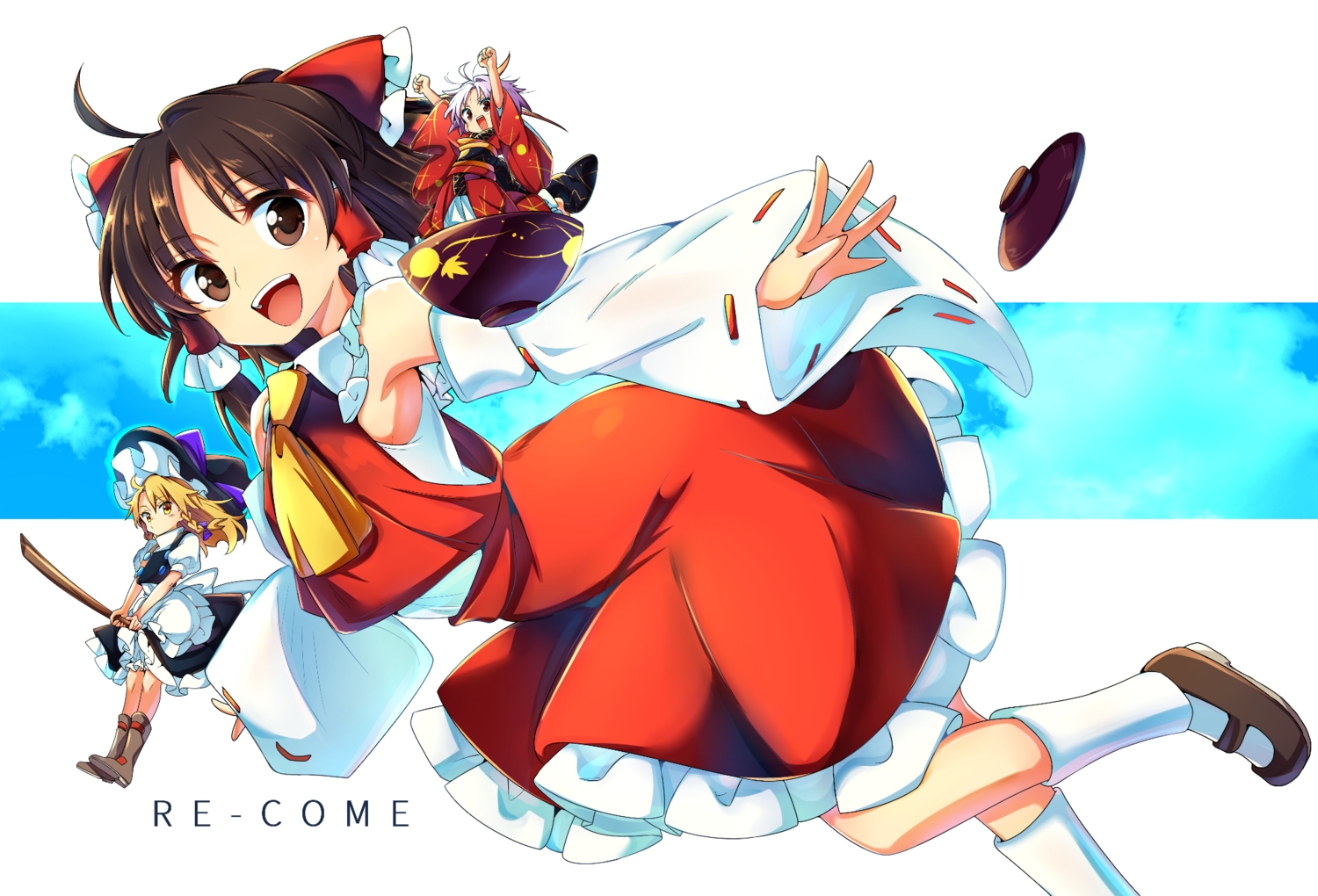 aliasing, apron, baba_(baba_seimaijo), blonde_hair, boots, bow, braids, brown_eyes, brown_hair, dress, hakurei_reimu, hat, japanese_clothes, kirisame_marisa, long_hair, miko, socks, sukuna_shinmyoumaru, touhou, witch, witch_hat, yellow_eyes