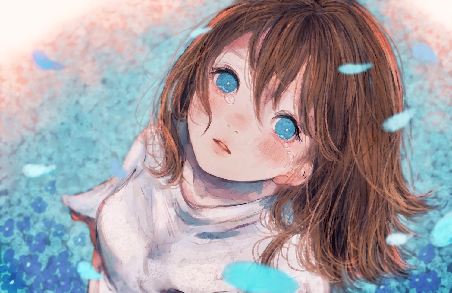 aqua_eyes, blush, brown_hair, close, crying, orie_h, original, petals, short_hair, tears
