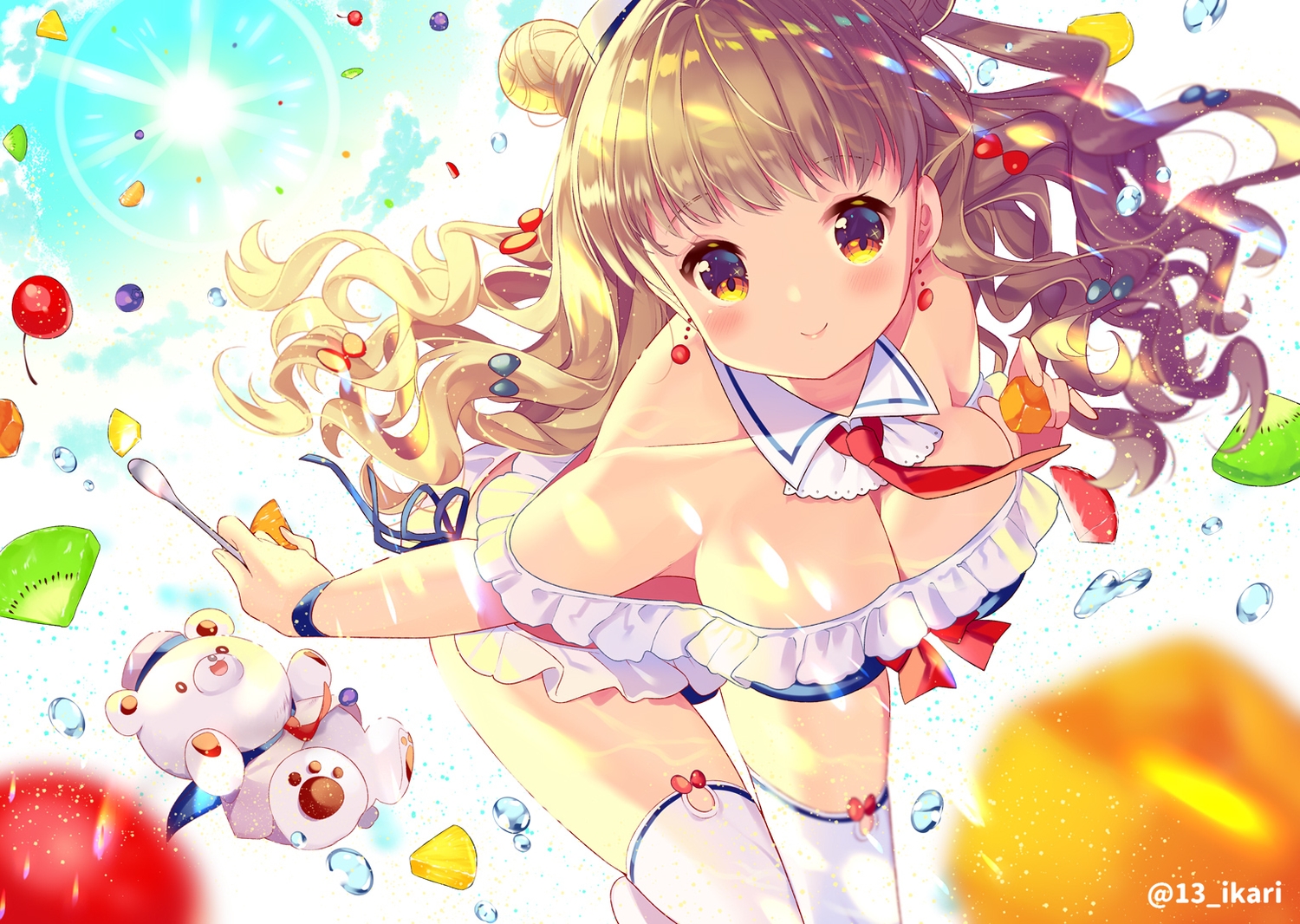 bikini, breasts, brown_eyes, brown_hair, bubbles, cherry, cleavage, food