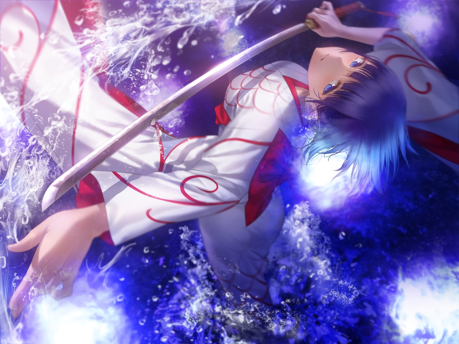 asaba0327, blue_eyes, blue_hair, japanese_clothes, katana, kimono, original, sword