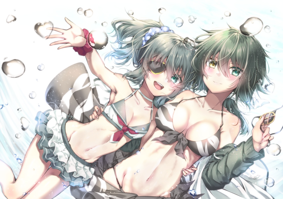 anthropomorphism, bicolored_eyes, bikini, blush, breasts, bubbles, eyepatch, green_hair