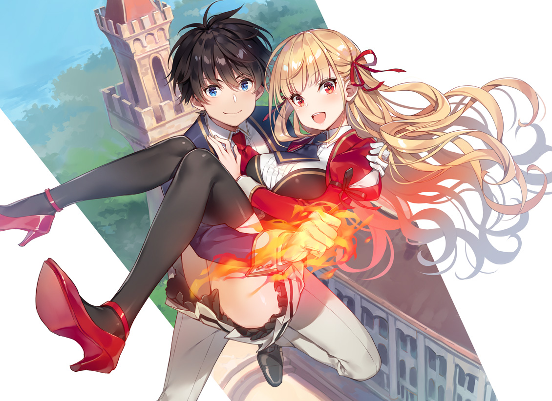 black_hair, blonde_hair, blue_eyes, fire, gloves, jpeg_artifacts, long_hair, magic