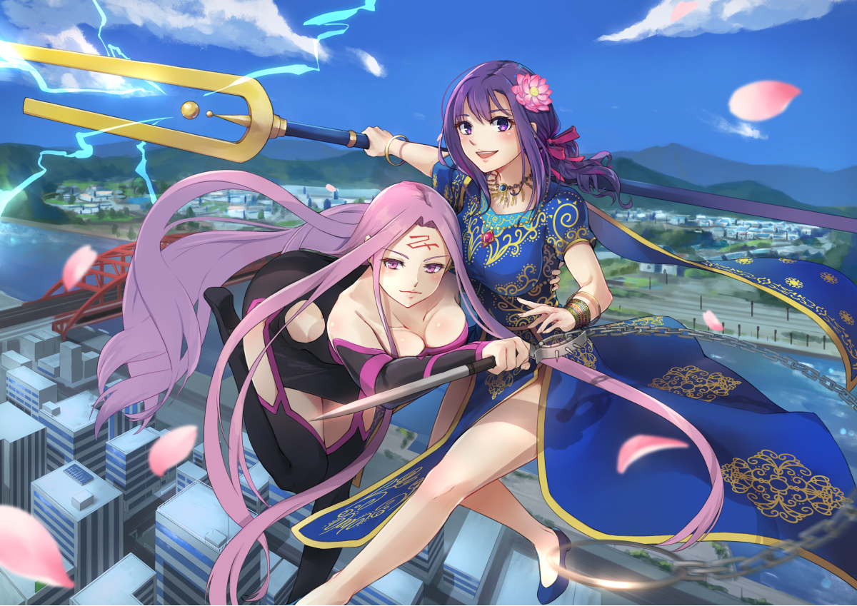 2girls, breasts, building, city, clouds, dress, fate/grand_order, fate_(series), long_hair, nakaga_eri, parvati_(fate/grand_order), petals, purple_eyes, purple_hair, rider, sky, spear, tattoo, water, weapon, wristwear