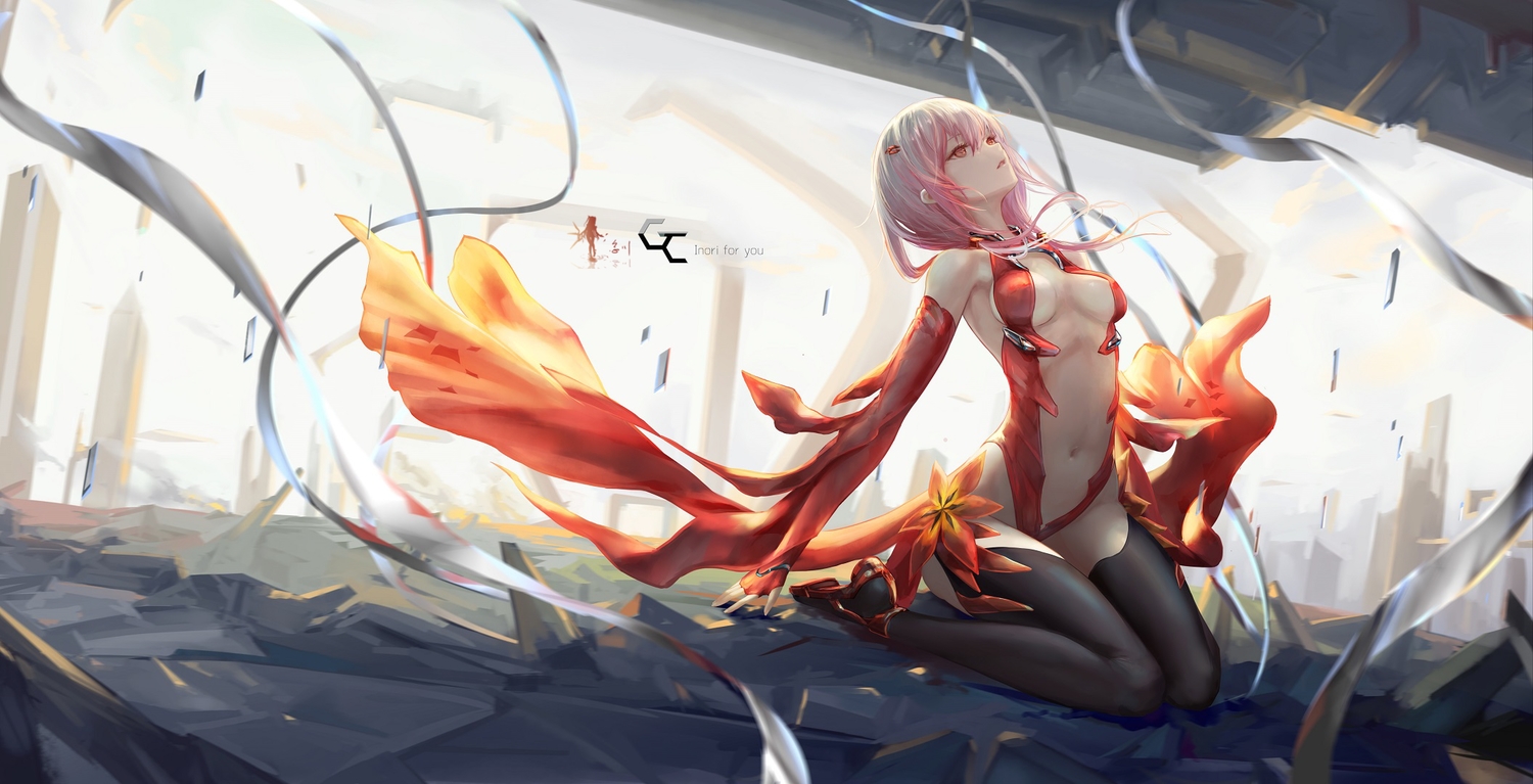 breasts, brown_eyes, guilty_crown, jpeg_artifacts, long_hair, navel, pink_hair, thighhighs