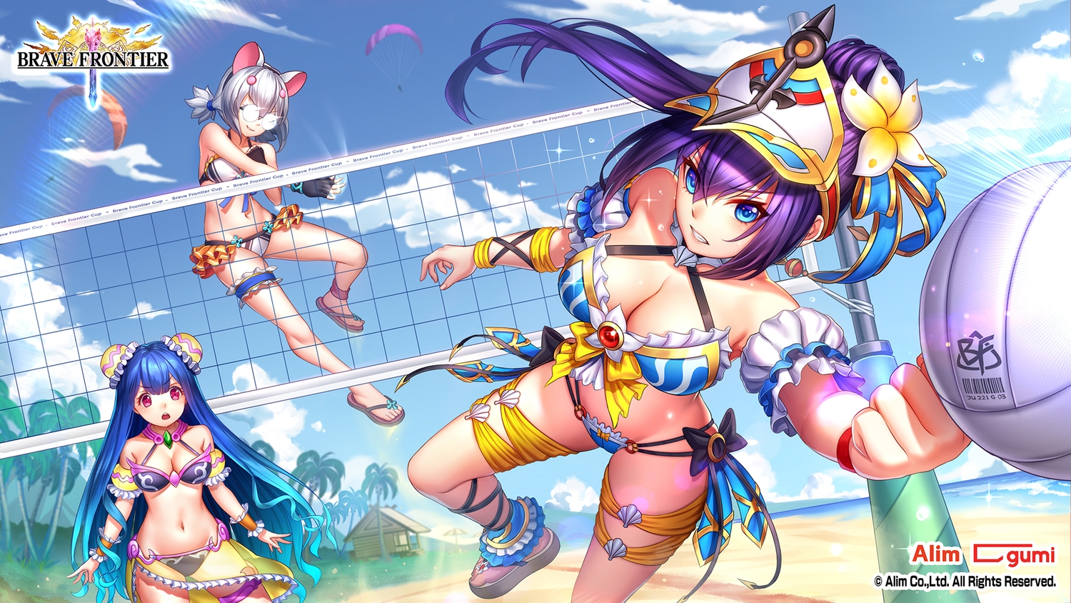animal_ears, ball, beach, bikini, blue_eyes, blue_hair, brave_frontier, breasts