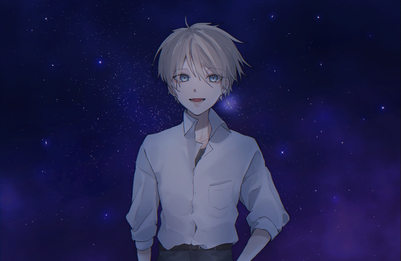all_male, blue_eyes, gray_hair, male, nagisa_kaworu, neon_genesis_evangelion, night, school_uniform, shirt, short_hair, sky, soji_777, stars