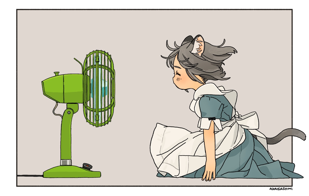 akai_sashimi, animal_ears, apron, catgirl, fan, gray_hair, loli, maid