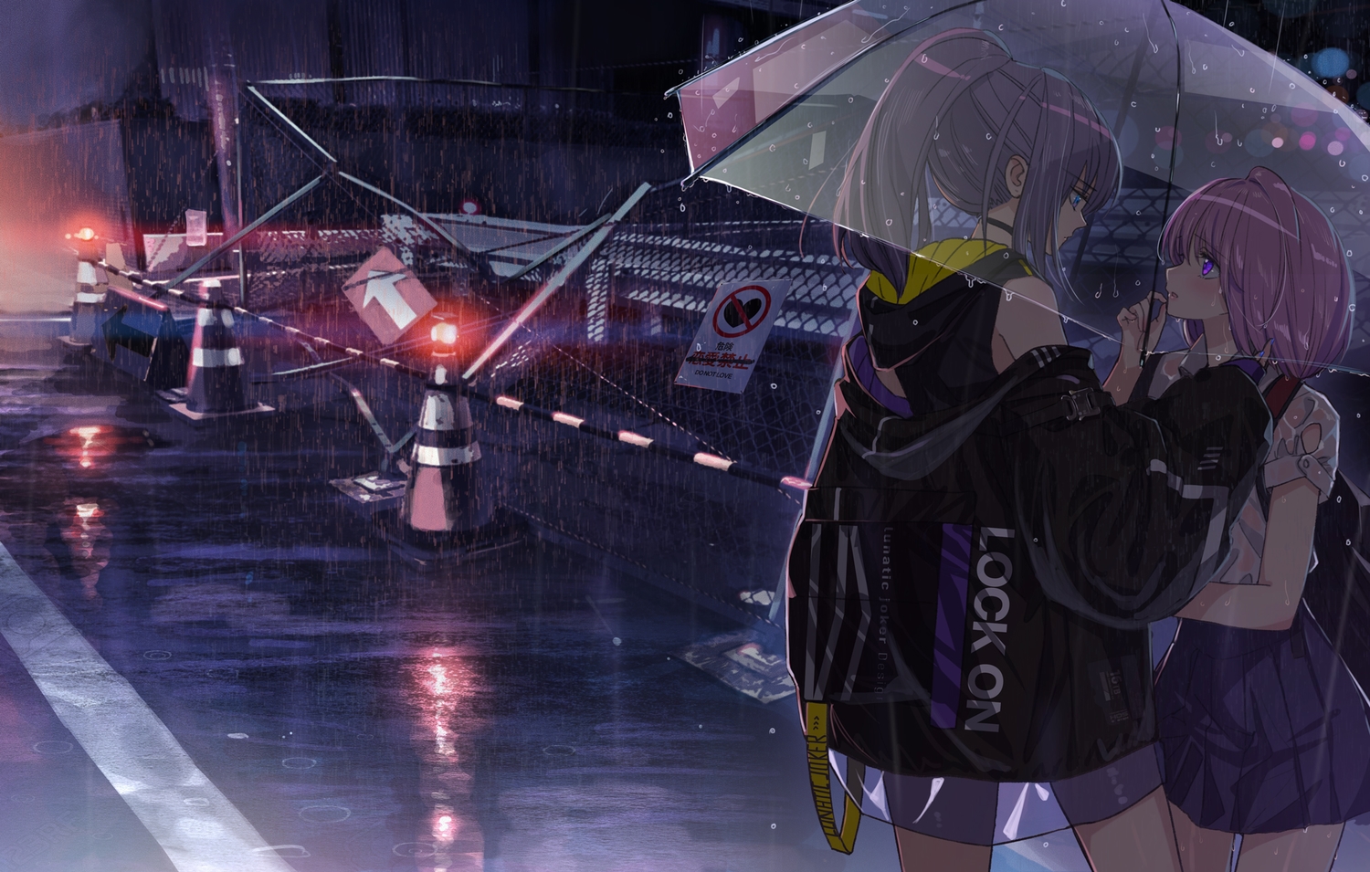2girls, night, original, ponytail, rain, school_uniform, shoujo_ai, tsukigami_runa