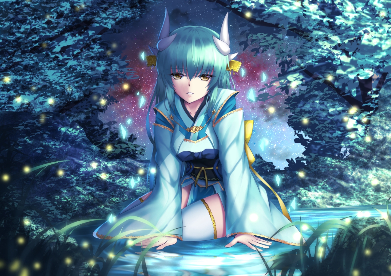 brown_eyes, clouds, fate/grand_order, fate_(series), grass, green_hair, horns, japanese_clothes
