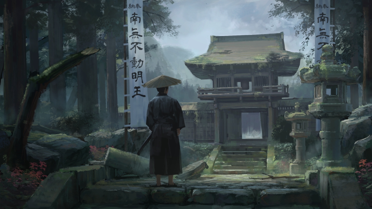 all_male, hat, katana, male, mikado_(winters), original, samurai, stairs, sword, translation_request, tree, weapon