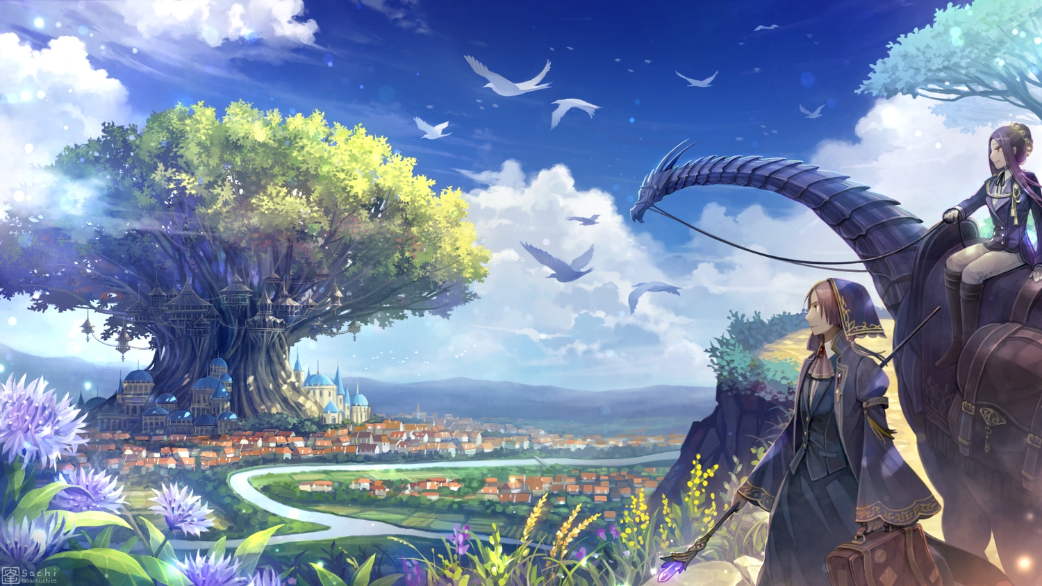 animal, bird, building, city, clouds, flowers, landscape, original, sachi_(yumemayoi), scenic, sky, staff, tree, watermark