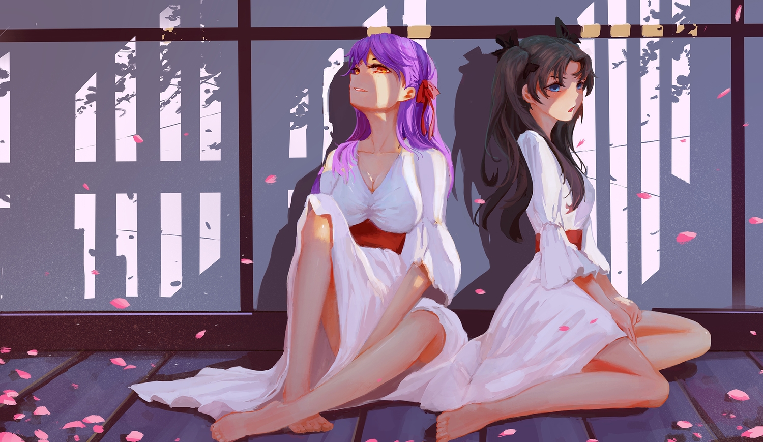 2girls, barefoot, blue_eyes, blush, brown_hair, dress, fate/grand_order, fate_(series)