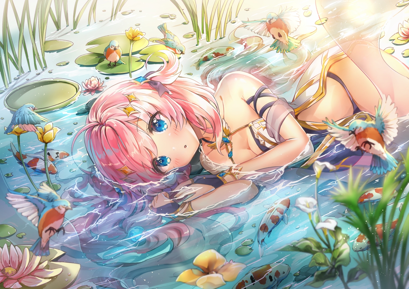 animal, aqua_eyes, bird, blush, breasts, cleavage, fish, flowers, king's_raid, long_hair, melings, pink_hair, shea_(king's_raid), water