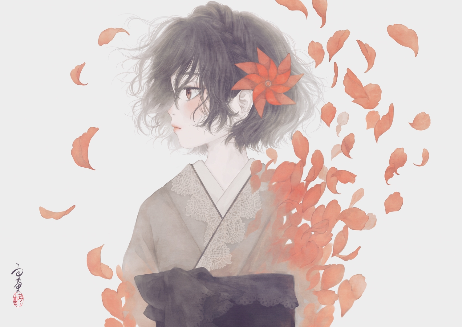black_hair, brown_eyes, flowers, japanese_clothes, kimono, original, petals, short_hair, signed, ushiyama_ame