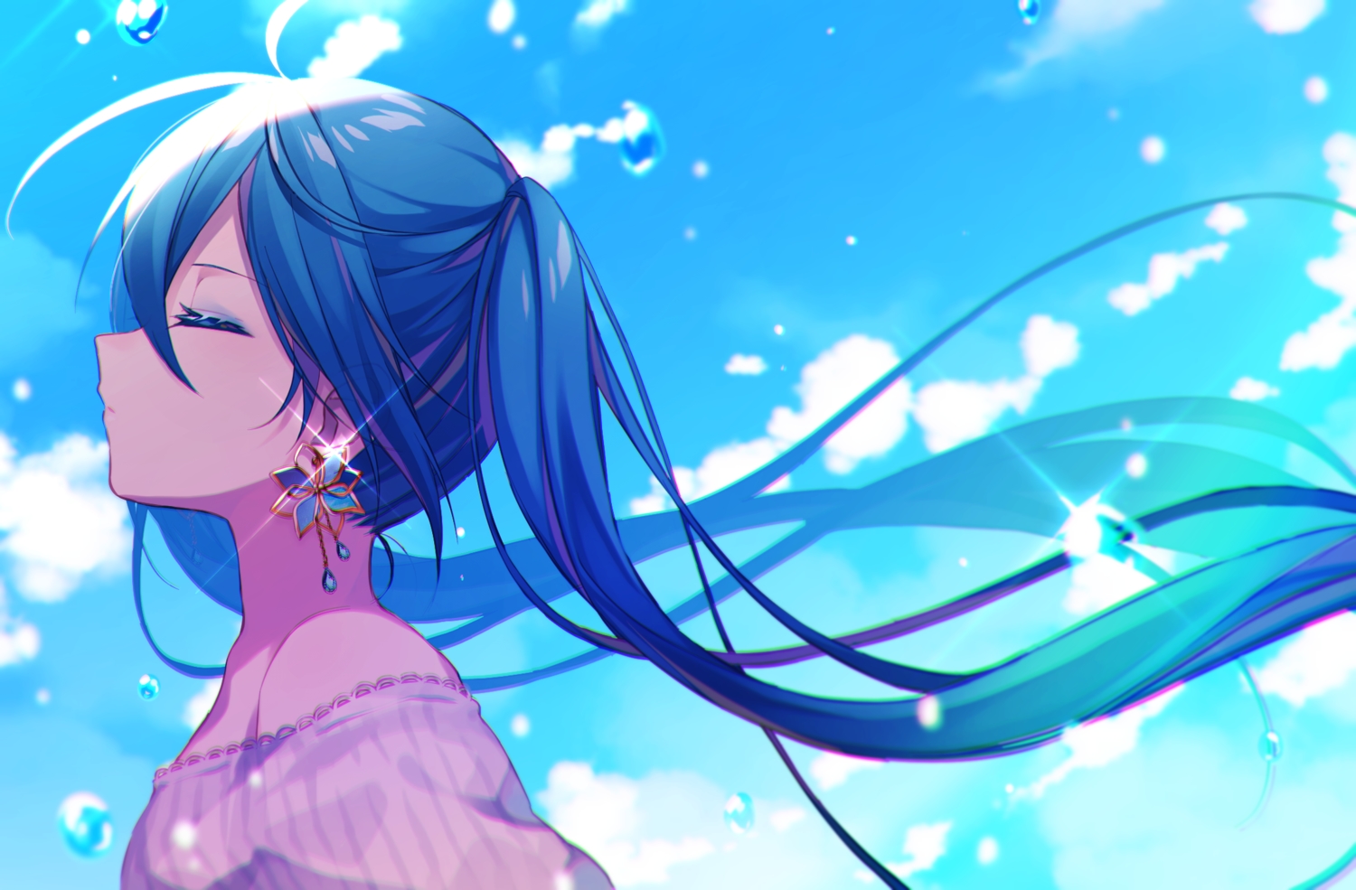 blue_hair, close, clouds, hatsune_miku, hazakura_chikori, long_hair, sky, twintails, vocaloid, water