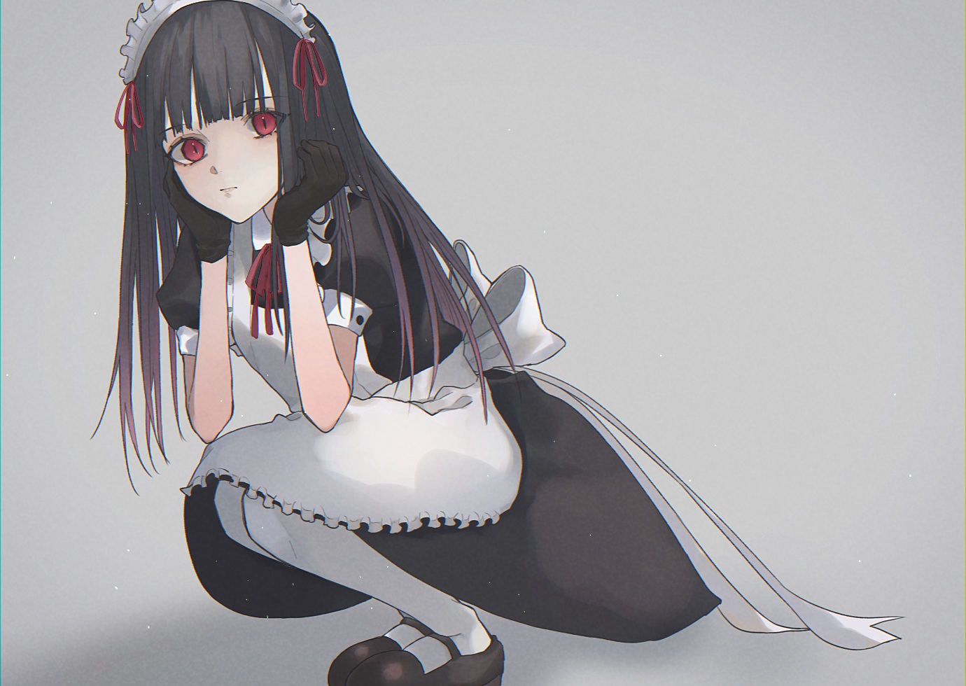 apron, black_hair, dress, gloves, headdress, long_hair, maid, original, red_eyes, soji_777