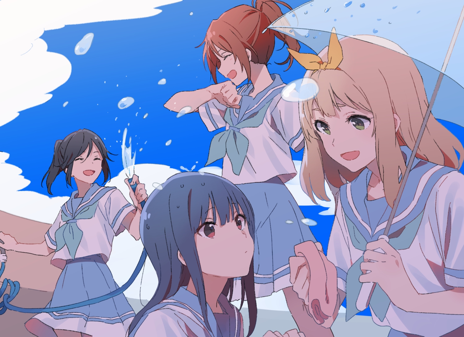 black_hair, blue_hair, bow, brown_hair, green_eyes, group, hibike!_euphonium, kasaki_nozomi, monsieur, nakagawa_natsuki, ponytail, school_uniform, short_hair, skirt, umbrella, yoroizuka_mizore, yoshikawa_yuuko