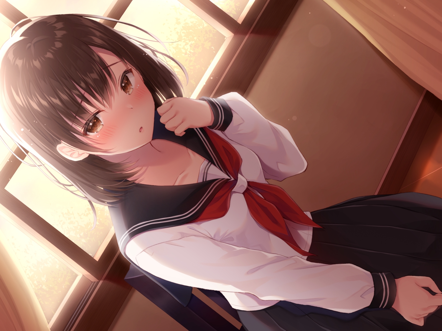 blush, brown_eyes, brown_hair, noda_shuha, original, school_uniform, short_hair, skirt