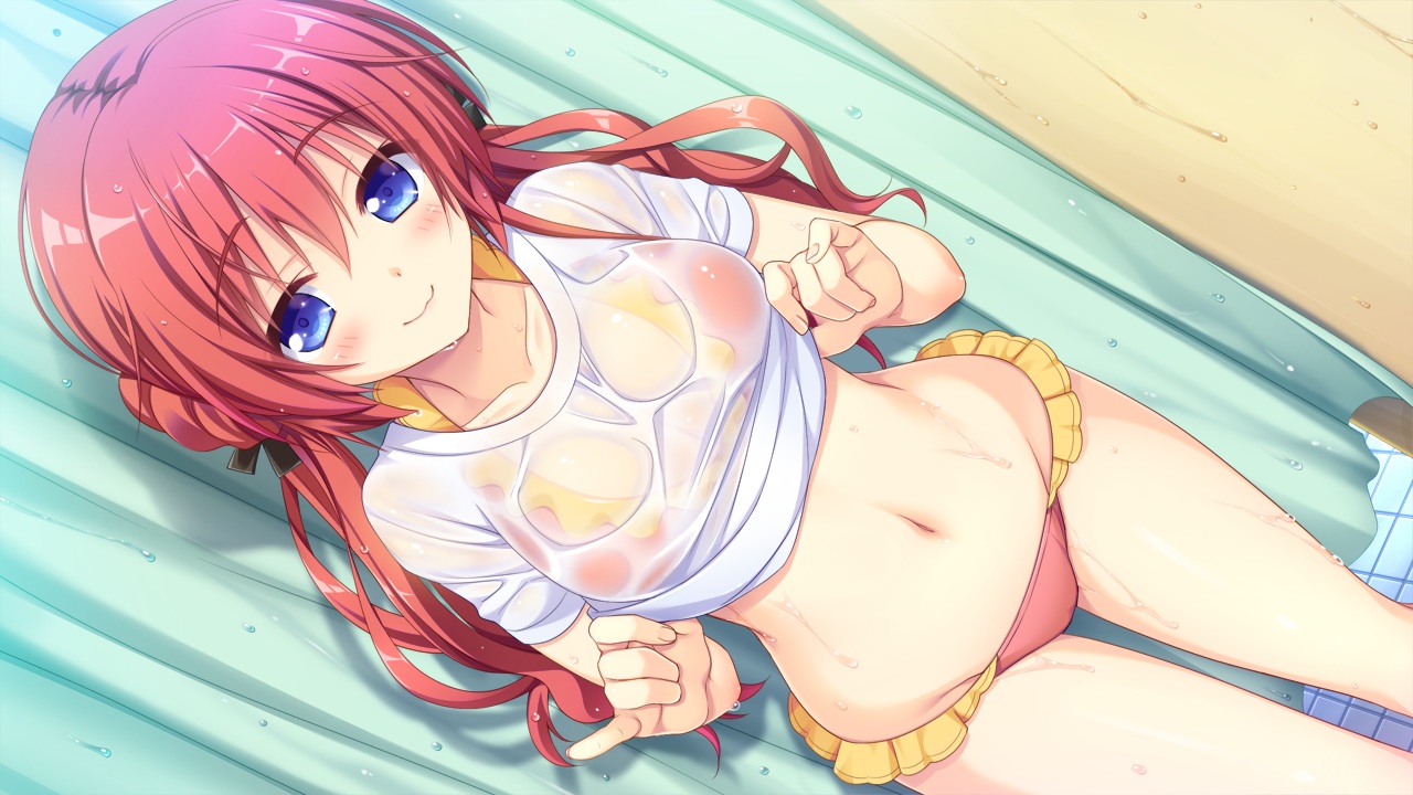 asa_project, bikini, blue_eyes, blush, game_cg, long_hair, navel, red_hair, ren'ai_karichaimashita, see_through, swimsuit, tagme_(artist), tenma_hasumi, twintails, wet