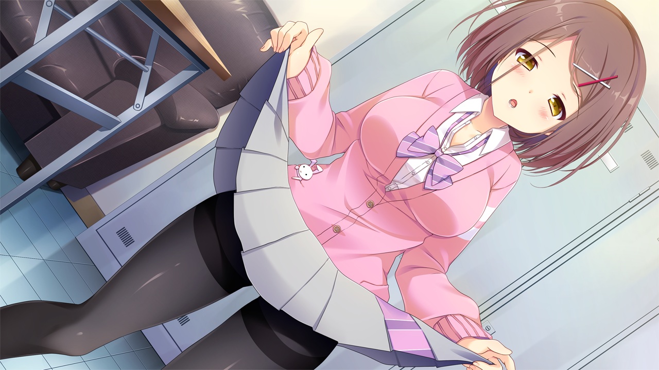 asa_project, blush, bow, brown_hair, game_cg, green_eyes, izumi_konatsu, pantyhose