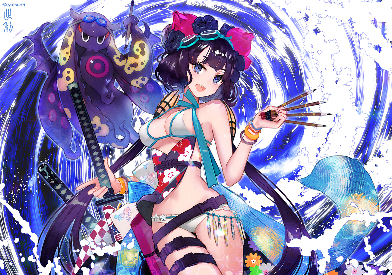 animal, bikini, black_hair, blue_eyes, breasts, fate/grand_order, fate_(series), garter
