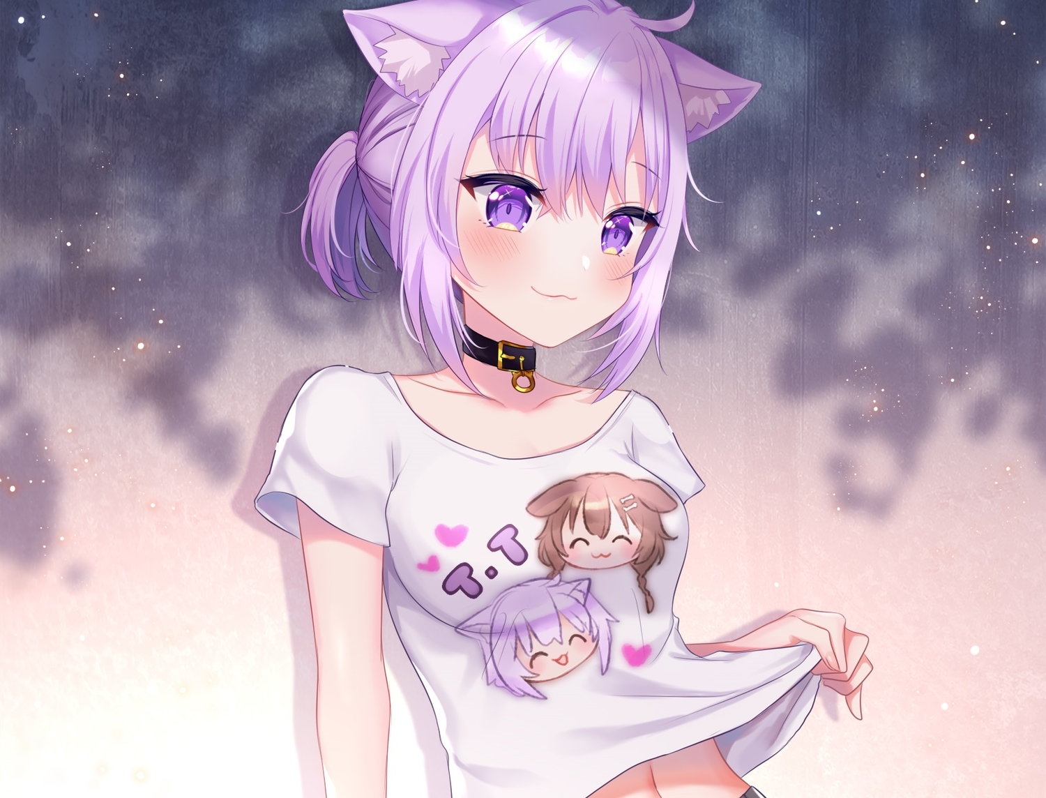 animal_ears, blush, catgirl, cat_smile, collar, cropped, hololive, naomi_(fantasia), navel, nekomata_okayu, ponytail, purple_eyes, purple_hair, shirt_lift, short_hair