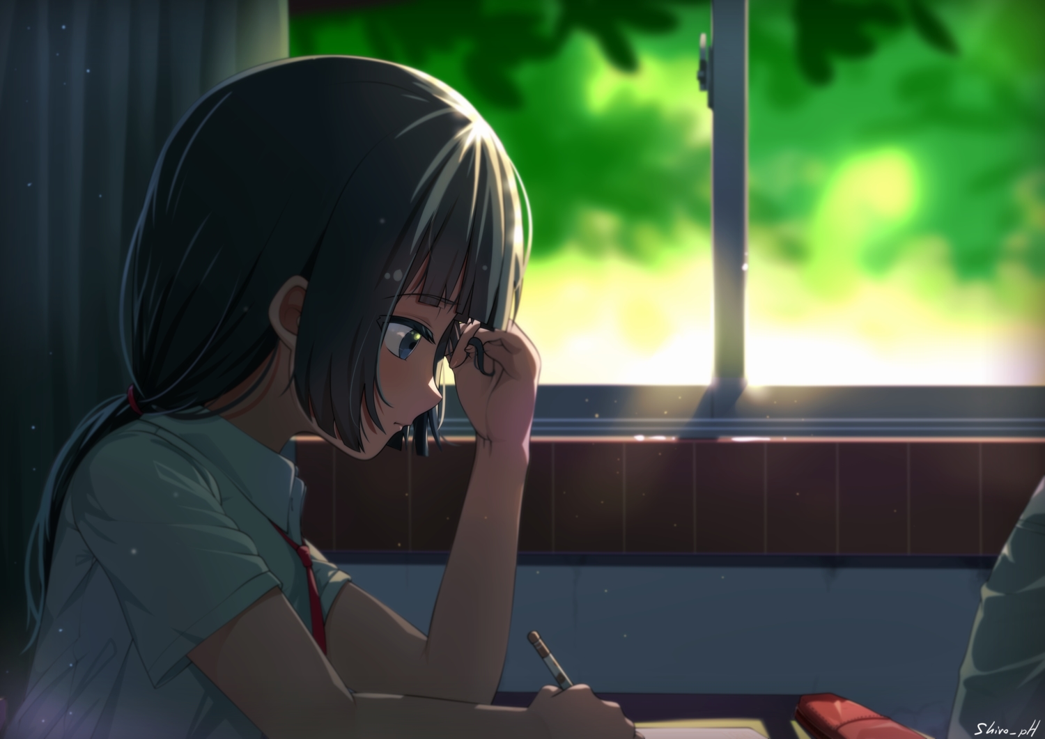 black_hair, blue_eyes, dark, long_hair, original, ponytail, school_uniform, shade