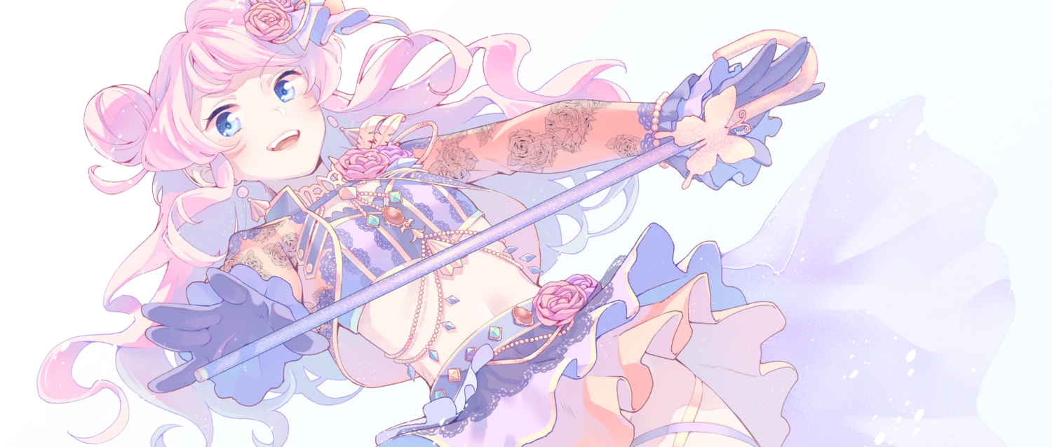 aikatsu!, aliasing, aqua_eyes, blush, bouzu_(bonze), chouno_maika, flat_chest, gloves, long_hair, navel, pink_hair, skirt, white